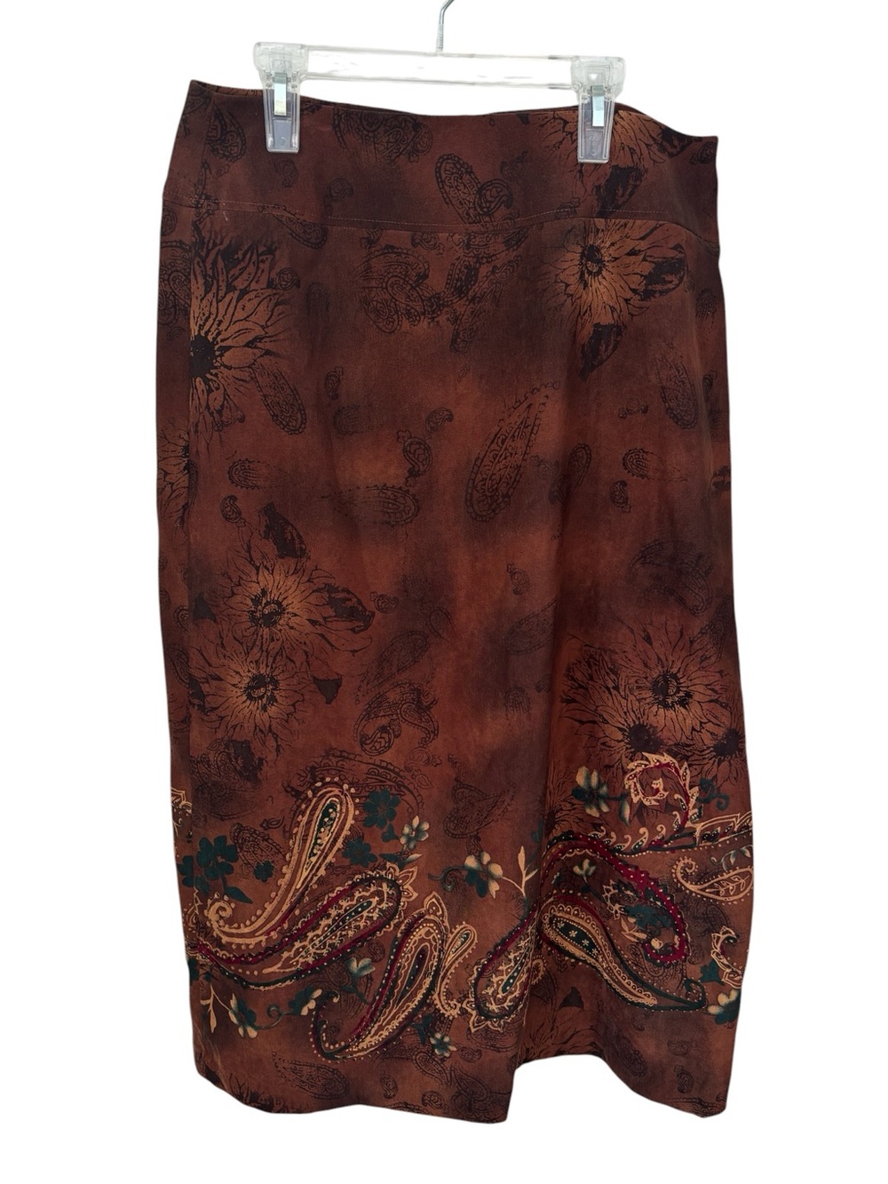 Requirements Faux Suede Paisley A-Line Midi Skirt Women’s Size 10 Brown Grunge - Picture 2 of 9